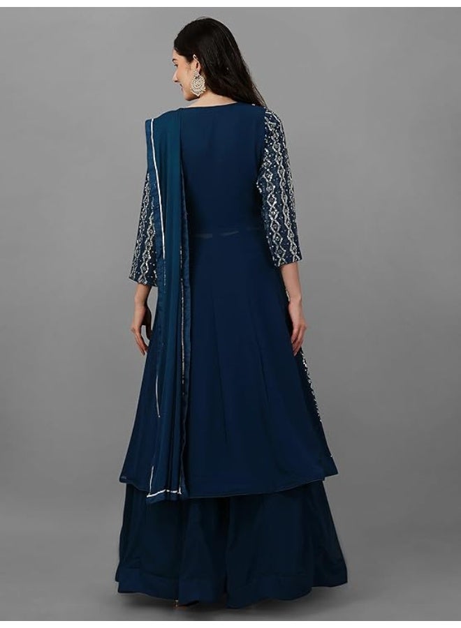 TRENDMALLS طقم أناركالي مطرز من قماش الجورجيت للنساء من تريندمالز، يتكون من كورتا ليهينغا مع دوباتا، باللون الأزرق الفيروزي، مقاس 3XL - Image 3