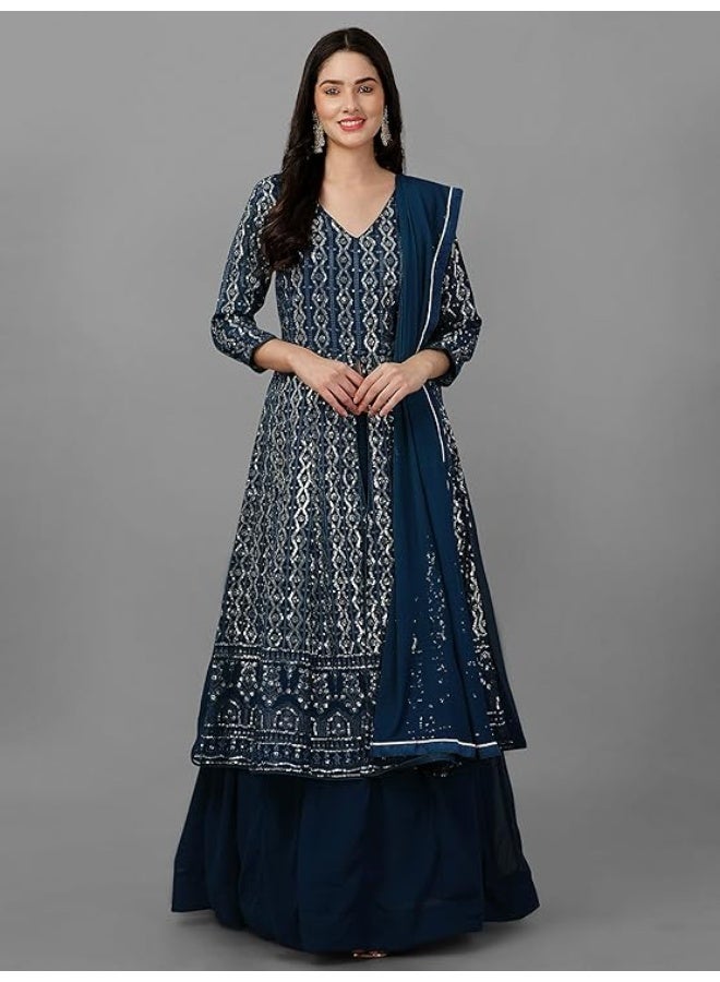 TRENDMALLS طقم أناركالي مطرز من قماش الجورجيت للنساء من تريندمالز، يتكون من كورتا ليهينغا مع دوباتا، باللون الأزرق الفيروزي، مقاس 3XL - Image 4