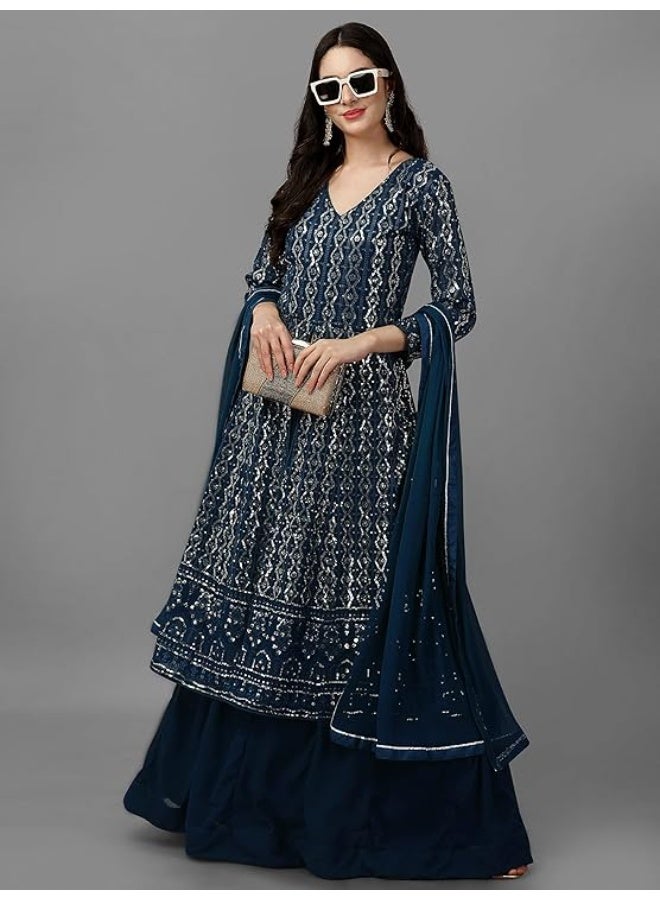 TRENDMALLS طقم أناركالي مطرز من قماش الجورجيت للنساء من تريندمالز، يتكون من كورتا ليهينغا مع دوباتا، باللون الأزرق الفيروزي، مقاس 3XL - Image 2