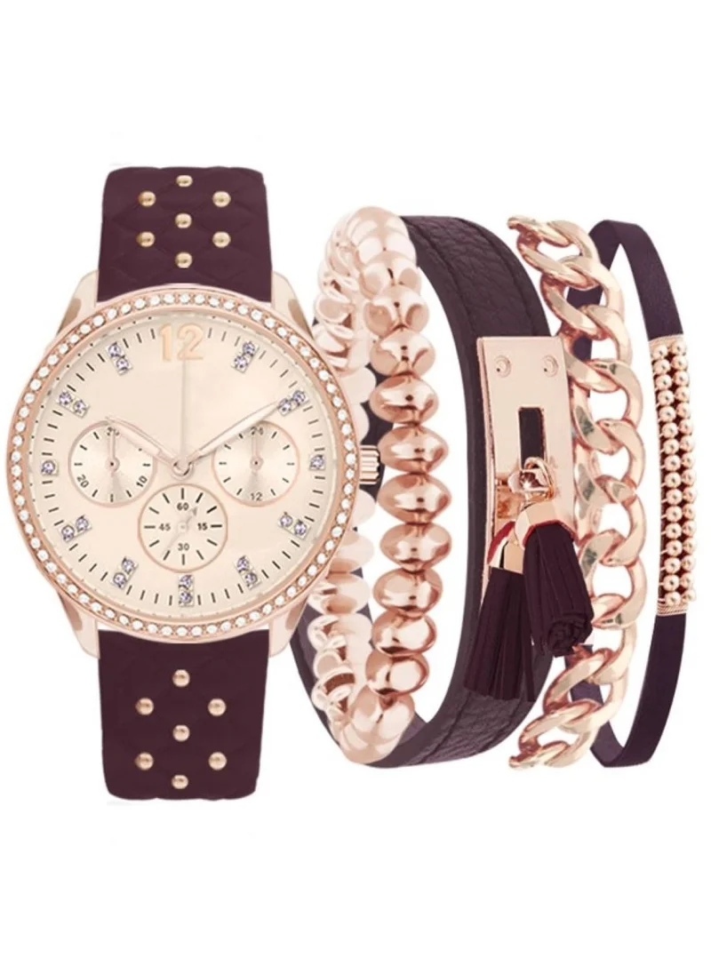 ADRIENNE VITTADINI Adrienne Vittadini Ladies Analog Watch Rose Gold Case Rose Gold Dial PU Leather Burgundy Strap A1004R-42-C10