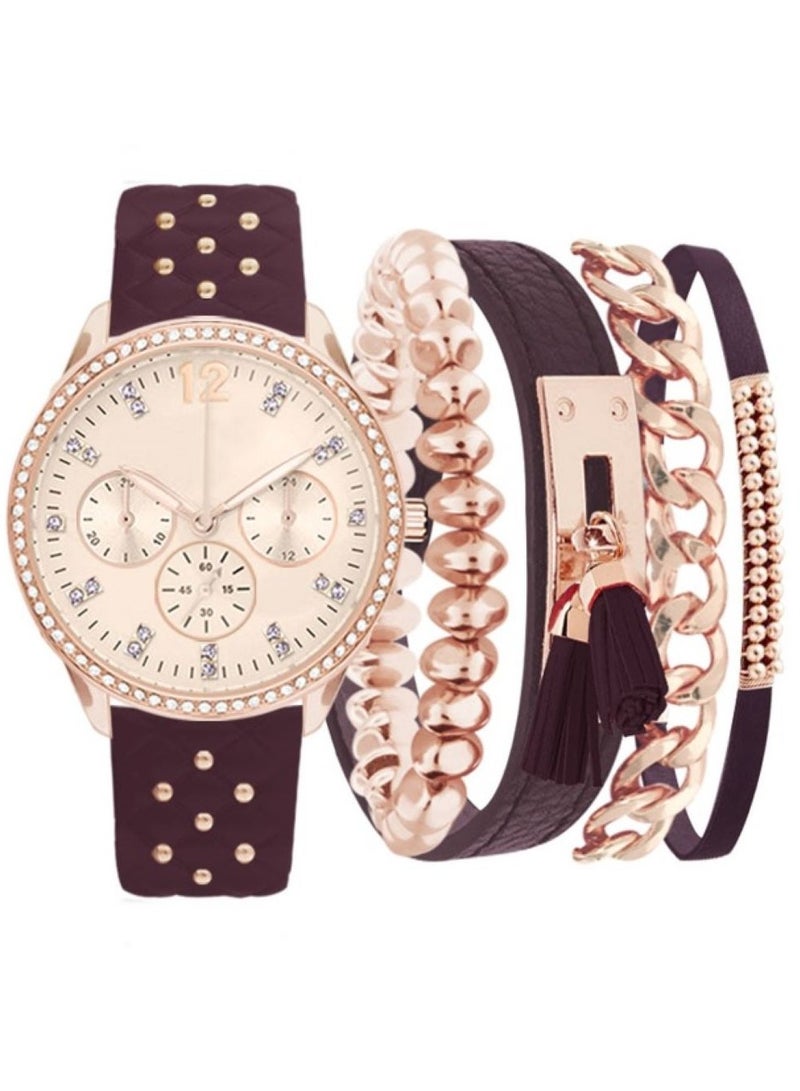 أدرين فيتاديني ساعة أدريان فيتاديني نسائية بعقارب وعلبة ذهبية وردية وميناء ذهبي وردي وحزام جلد صناعي عنابي