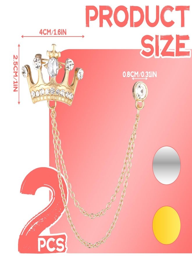 EupHHonycs 2PCS Suit Hanging Chain Men's Crown Retro Crystal Pins Collar Pin Brooch with Stone Detailing Suit Stud Lapel Rhinestone Pin Engraving, Metal Crystal for Breastpin Wedding Brooch - Image 2