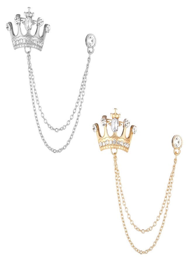 EupHHonycs 2PCS Suit Hanging Chain Men's Crown Retro Crystal Pins Collar Pin Brooch with Stone Detailing Suit Stud Lapel Rhinestone Pin Engraving, Metal Crystal for Breastpin Wedding Brooch - Image 1