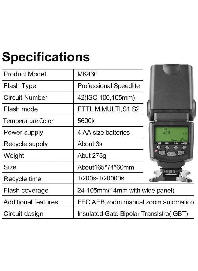 Meike - MK430 E-TTL Speedlite Shoe Mount Flash for 70D 77D 80D Rebel T7i T6i T6s T6 T5i T5 T4i T3i SL2 and Other EOS DSLR Cameras - Image 1