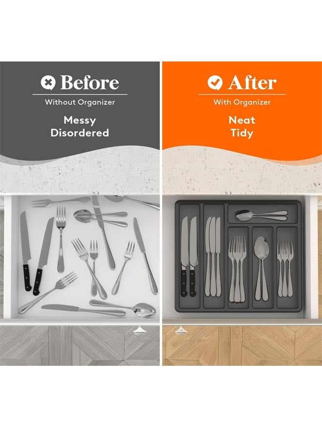 Silverware Organizer with Lid,  Cutlery Drawer Organiser, Utensil Tray for Kitchen, Plastic Cutlery and Flatware Storage Box for Spoons, Forks, Knives, 6 Compartments, Black - Image 3
