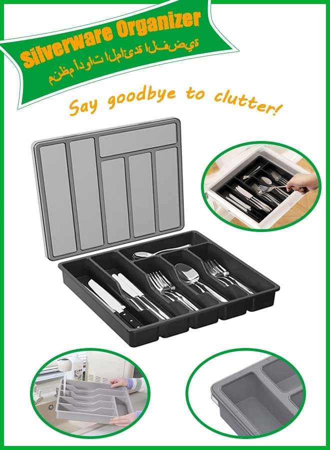 Silverware Organizer with Lid,  Cutlery Drawer Organiser, Utensil Tray for Kitchen, Plastic Cutlery and Flatware Storage Box for Spoons, Forks, Knives, 6 Compartments, Black - Image 1