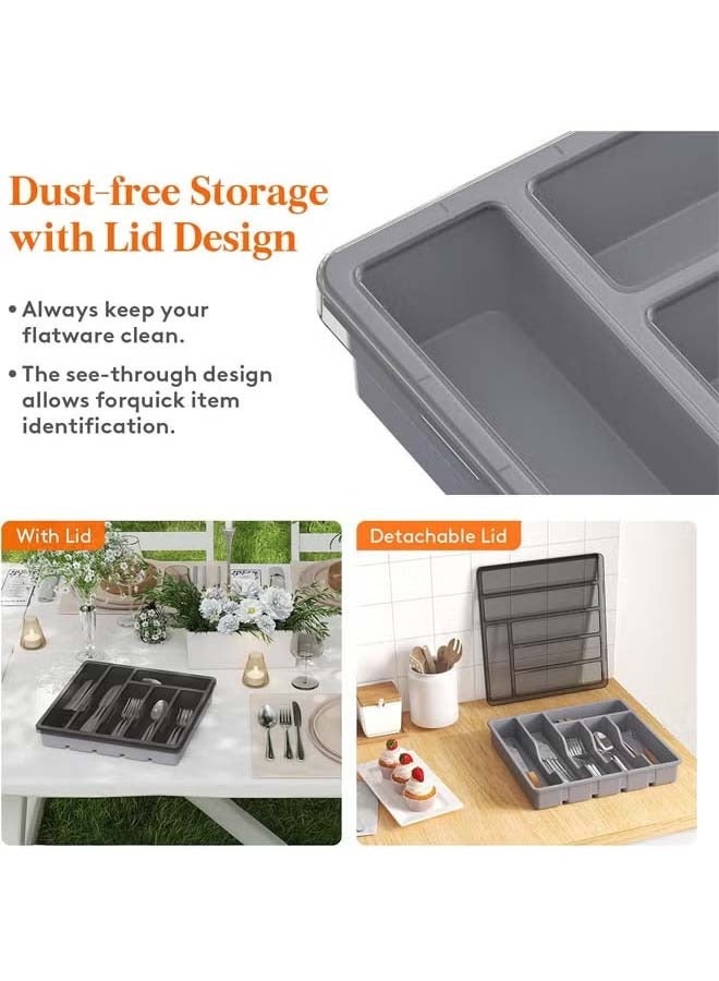 Silverware Organizer with Lid,  Cutlery Drawer Organiser, Utensil Tray for Kitchen, Plastic Cutlery and Flatware Storage Box for Spoons, Forks, Knives, 6 Compartments, Black - Image 4