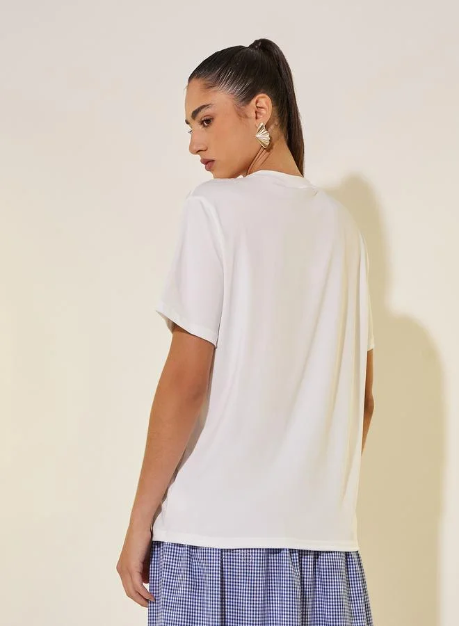 Take Two Women White Slogan Print Short Sleeve Regular Fit T-Shirt