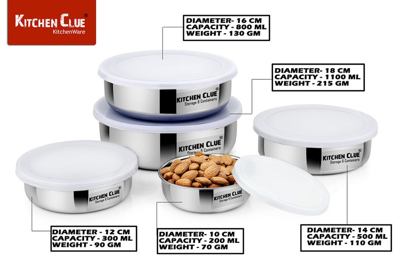 KITCHEN CLUE Stainless Steel Airtight & Leak-Proof Food/Snack Storage Containers Set of 5 Pcs, Silver Color - Lunch Box/Tiffin Set for Office School - Kids & Adults - 5 Pcs Kitchen Storage Containers - Image 3