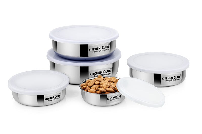 KITCHEN CLUE Stainless Steel Airtight & Leak-Proof Food/Snack Storage Containers Set of 5 Pcs, Silver Color - Lunch Box/Tiffin Set for Office School - Kids & Adults - 5 Pcs Kitchen Storage Containers - Image 1