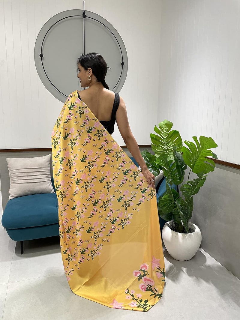 Sidhidata ساري سيدهيداتا النسائي الأصفر من الشيفون جورجيت المطبوعة جاهز للارتداء في دقيقة واحدة مع قطعة بلوزة غير مخيطة - Image 5