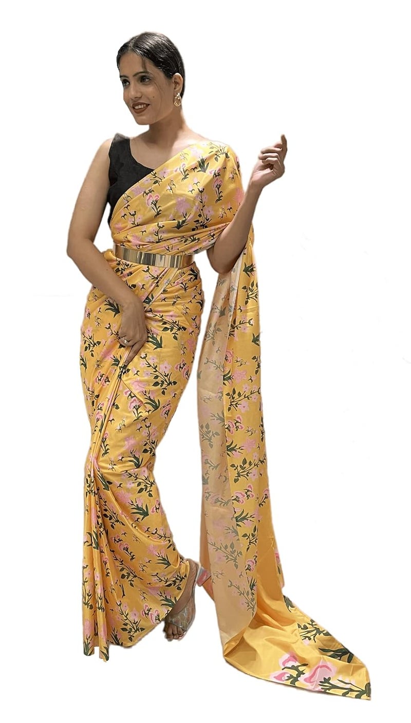 Sidhidata ساري سيدهيداتا النسائي الأصفر من الشيفون جورجيت المطبوعة جاهز للارتداء في دقيقة واحدة مع قطعة بلوزة غير مخيطة - Image 1