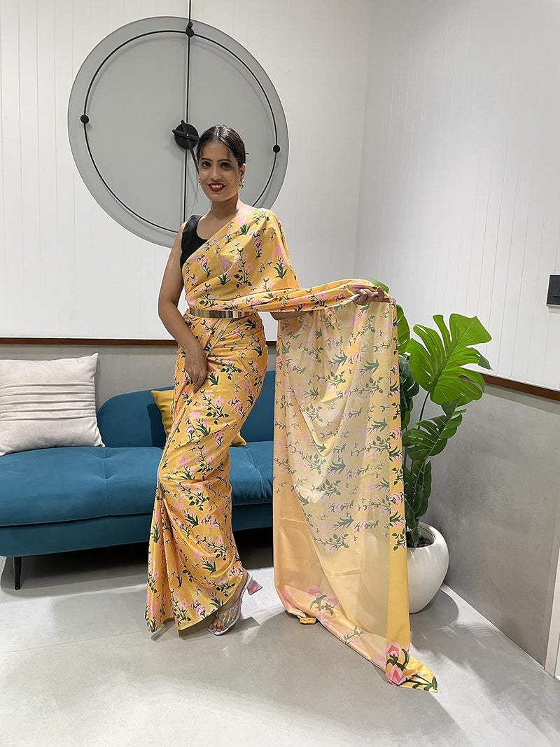 Sidhidata ساري سيدهيداتا النسائي الأصفر من الشيفون جورجيت المطبوعة جاهز للارتداء في دقيقة واحدة مع قطعة بلوزة غير مخيطة - Image 2
