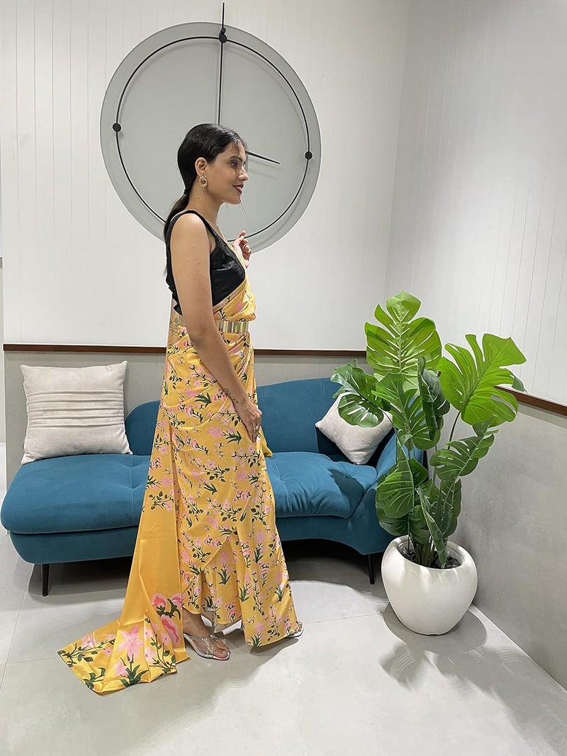 Sidhidata ساري سيدهيداتا النسائي الأصفر من الشيفون جورجيت المطبوعة جاهز للارتداء في دقيقة واحدة مع قطعة بلوزة غير مخيطة - Image 4