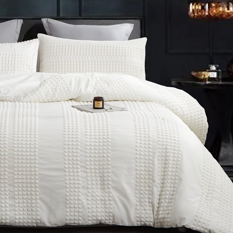 Cupocupa King Size Comforter Set, White Boho Tufted with Pom-Pom Trim, Soft Jacquard, Lightweight, 3-Piece Set, All-Season - Image 1