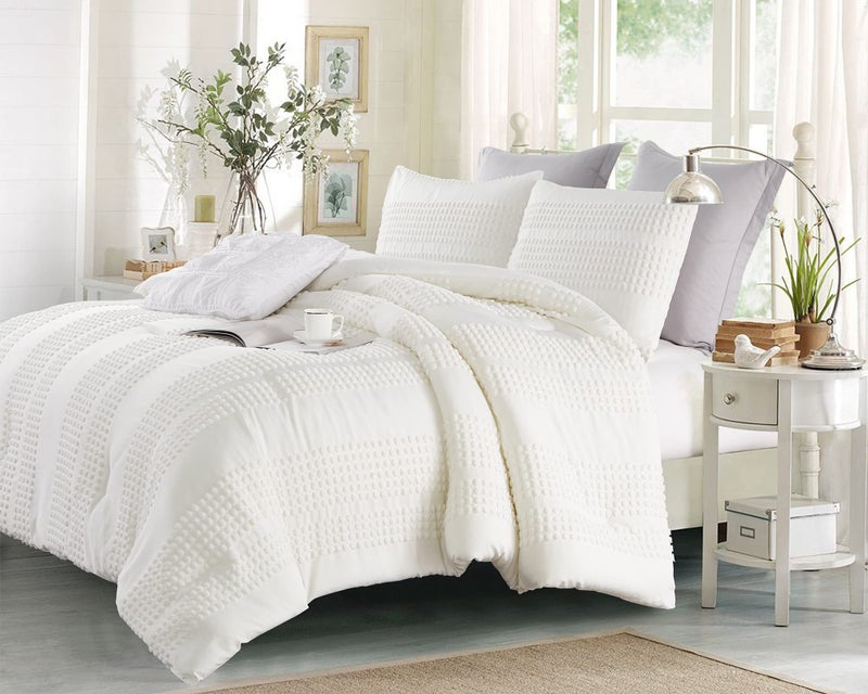 Cupocupa King Size Comforter Set, White Boho Tufted with Pom-Pom Trim, Soft Jacquard, Lightweight, 3-Piece Set, All-Season - Image 2
