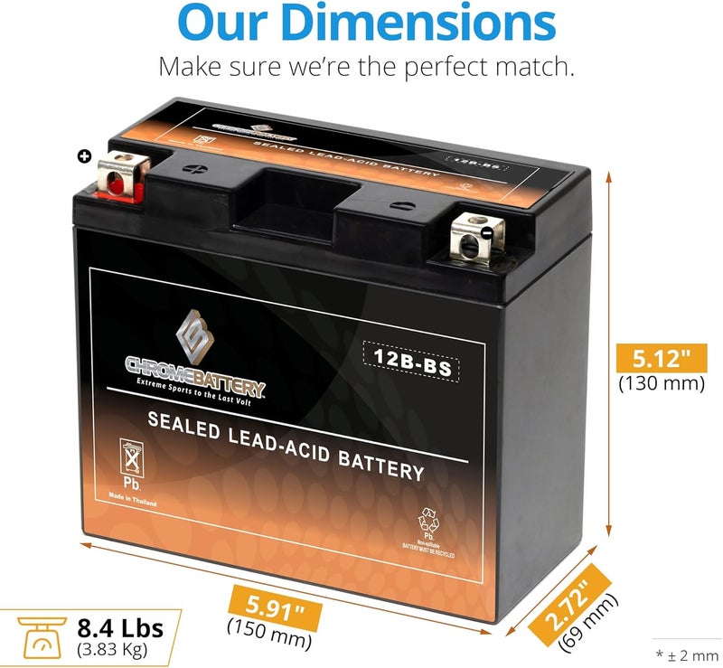 CB CHROMEBATTERY بطارية YTX12B-BS خالية من الصيانة، 175 CCA، 12V 10Ah بديل لـ ATV، دراجة نارية، جت سكي، سكوتر، UTV، وأكثر - طرف صمولة وصمولة (T3)  - Image 2