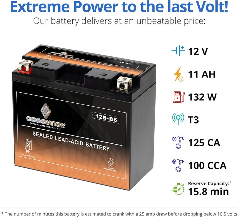 CB CHROMEBATTERY بطارية YTX12B-BS خالية من الصيانة، 175 CCA، 12V 10Ah بديل لـ ATV، دراجة نارية، جت سكي، سكوتر، UTV، وأكثر - طرف صمولة وصمولة (T3)  - Image 3