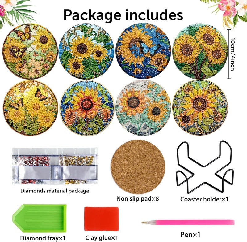 croshom 8 Pieces Diamond Painting Coasters-Sunflowers Diamond Painting Kits,Sunflowers Diamond Art Coasters,5D DIY Full Drill Diamond Round Dots,Diamond Art Kits for Adults Arts and Crafts Supplies - Image 2