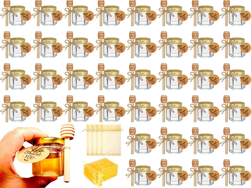 Adabocute Mini Honey Jars - Honey Pot With Honey Dipper  Bee Pendants  Jutes  Tags And Gold Organza Bags - Perfect For Baby Shower Favors  Party Favors And Wedding Favors  40 Pack 1.5Oz - Image 1