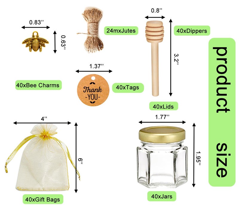 Adabocute Mini Honey Jars - Honey Pot With Honey Dipper  Bee Pendants  Jutes  Tags And Gold Organza Bags - Perfect For Baby Shower Favors  Party Favors And Wedding Favors  40 Pack 1.5Oz - Image 2