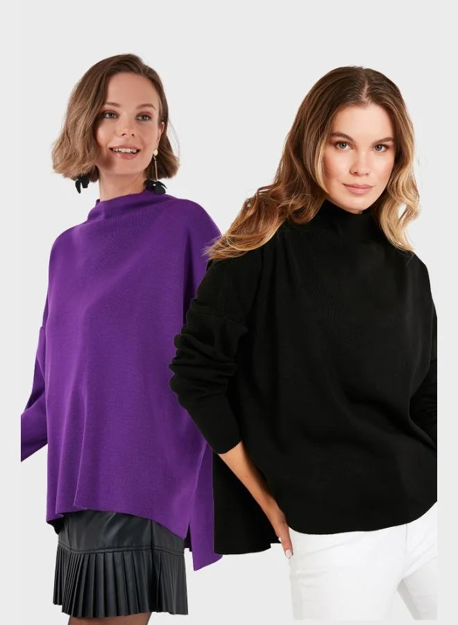 Lela Lela Cotton Long Back Standing Collar 2-Pack Knitwear Sweater Women's SWEATER 4615002S2