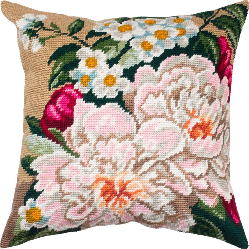Brvsk Peonies. Needlepoint Kit. Throw Pillow 16×16 Inches. Printed Tapestry Canvas, European Quality - Image 1