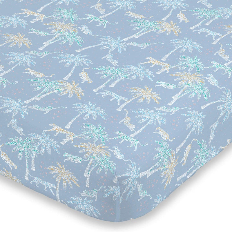 NoJo Watercolor Tropical Cheetah Elephant Lion Blue White and Green Super Soft Mini Crib Sheet