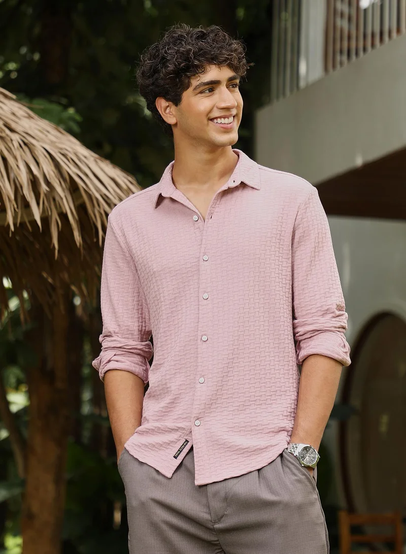 كامبوس سوترا Campus Sutra Men Basket-Knit Jacquard Shirt | Spread Collar Long Cuffed Sleeves | Button Closure Curved Hem | Solid Jacquard | Knitted Fabric For Casual & Daily Wear | Rose Pink