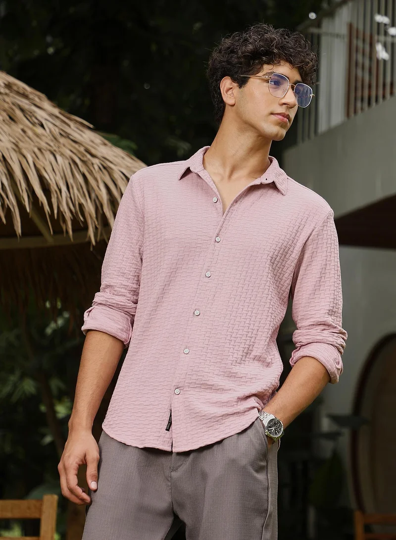 كامبوس سوترا Campus Sutra Men Basket-Knit Jacquard Shirt | Spread Collar Long Cuffed Sleeves | Button Closure Curved Hem | Solid Jacquard | Knitted Fabric For Casual & Daily Wear | Rose Pink