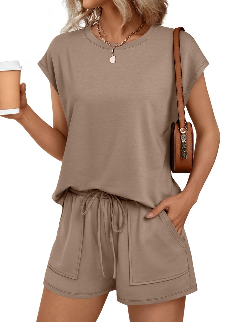 AUTOMET Womens Lounge Two 2 piece Sets Summer Spring Cruise Outfits 2026 Matching Beach Vacation Clothes Travel Sweatsuits Sweat Casual Romper Shorts Fashion Trendy Clothing Loungewear Khaki S - Image 2