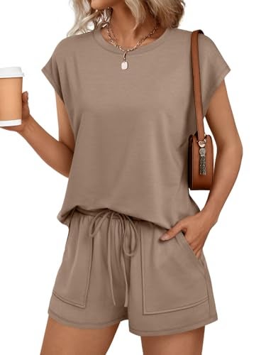 AUTOMET Womens Lounge Two 2 piece Sets Summer Spring Cruise Outfits 2026 Matching Beach Vacation Clothes Travel Sweatsuits Sweat Casual Romper Shorts Fashion Trendy Clothing Loungewear Khaki S - Image 1
