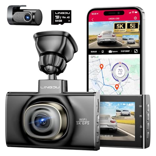 LINGDU LD02 5K On Dash Cam 5G WiFi with Free 64GB Card, 4K+2K Front and Rear Dual Dashcam 170° WDR IR Night Vision, 24H Parking Mode G-Sensor 3" Build-in GPS, Max Up Support to 128GB, Easy to Install - Image 1
