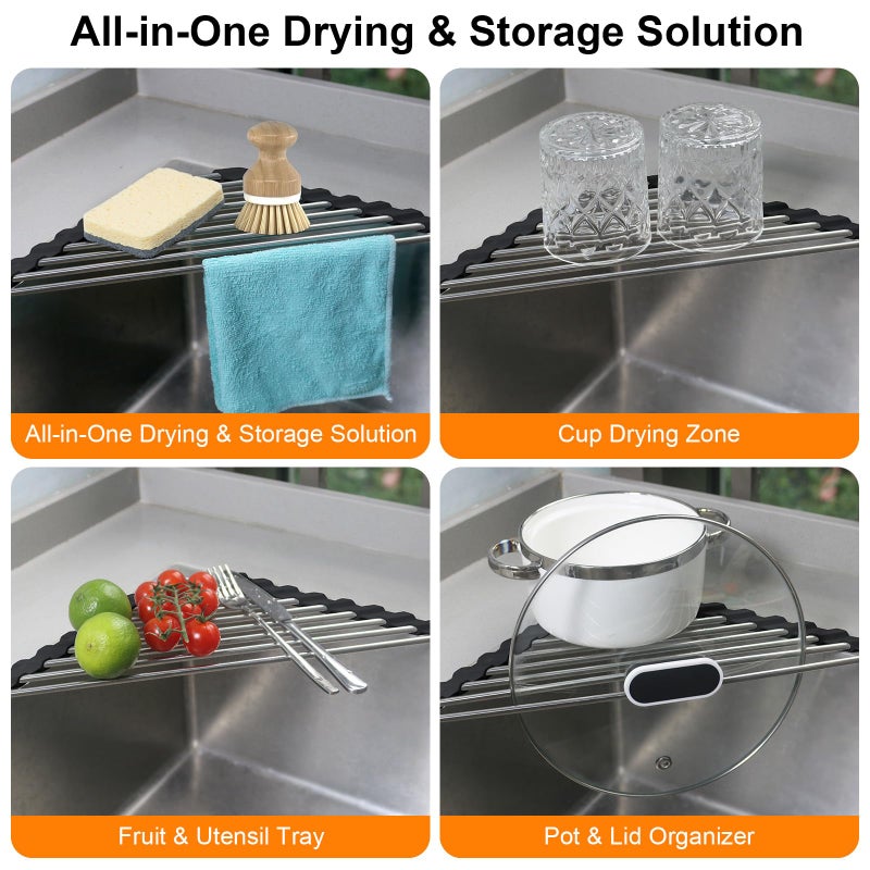 Seropy Corner Dish Drying Rack, Kitchen Sink Caddy Sponge Holder, Triangle Over The Sink Dish Drying Rack for Kitchen Counter, Roll Up Dishes Drainer Mat RV Essentials Organization and Storage Shelf, Black - Image 5
