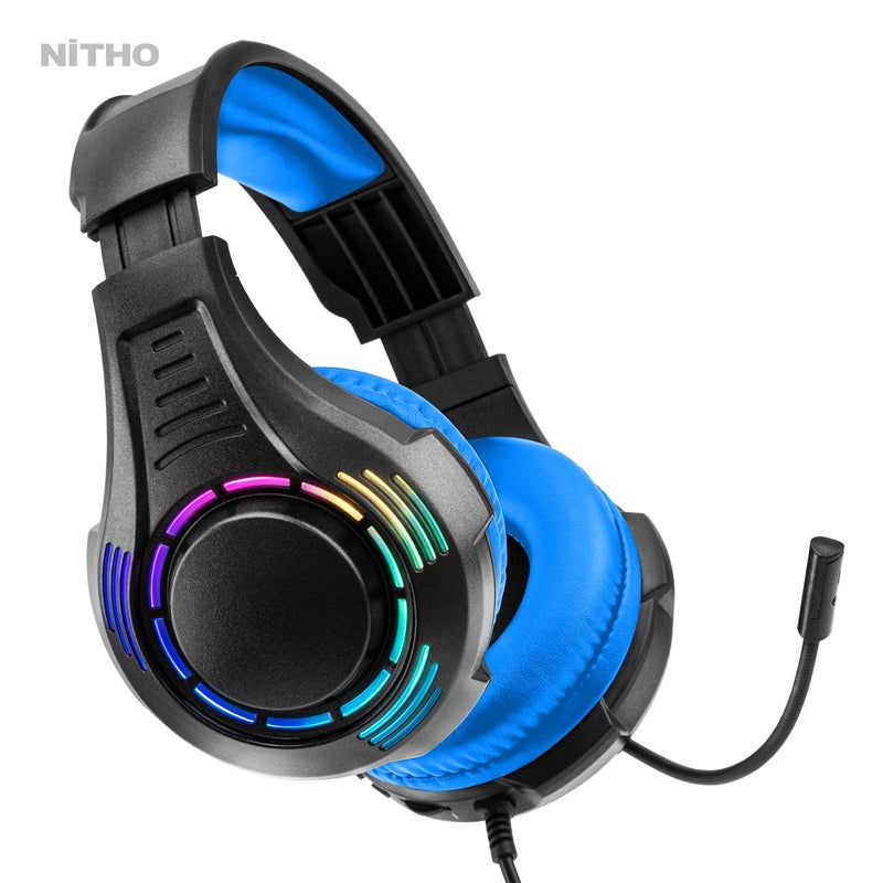 NITHO Spectra Gaming Headset with RGB Light and Microphone, Over-Ear Stereo Headphones for Xbox Series X|S, Xbox One, PS5, PS4, Nintendo Switch, PC, Mobile, 3.5 mm Audio Jack, 50 mm Drivers - Blue - Image 2