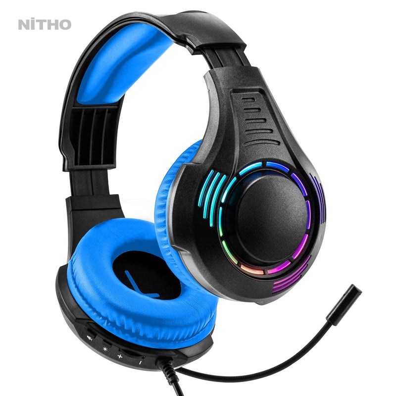NITHO Spectra Gaming Headset with RGB Light and Microphone, Over-Ear Stereo Headphones for Xbox Series X|S, Xbox One, PS5, PS4, Nintendo Switch, PC, Mobile, 3.5 mm Audio Jack, 50 mm Drivers - Blue - Image 3
