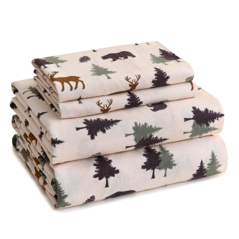 LONAVA 100% Cotton Flannel Sheet Set 4 Pieces, Heavy-Duty Fluffy Flannel Design, Thermal Lock Technology, 16 inch Deep Pocket Cozy Soft Bedsheets,(King,Fall Forest) - Image 1