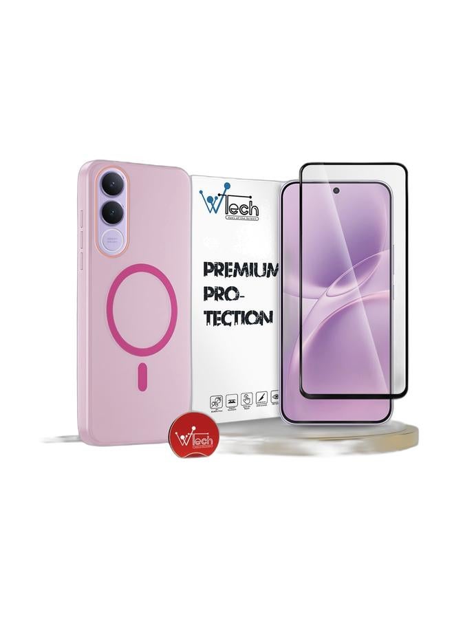 Wtech vivo V70 FE 5G 2026 Hybrid Translucent Magsafe with Magnetic Charging Raised Camera Lips Elegant Look Case Cover (MCMPMN) - Baby Pink & vivo V70 FE 5G 2026 Premium E2E Series Full Glue Full Cover Tempered Glass Screen Protector (MSGECN) - Clear/Black Bundle - Image 1