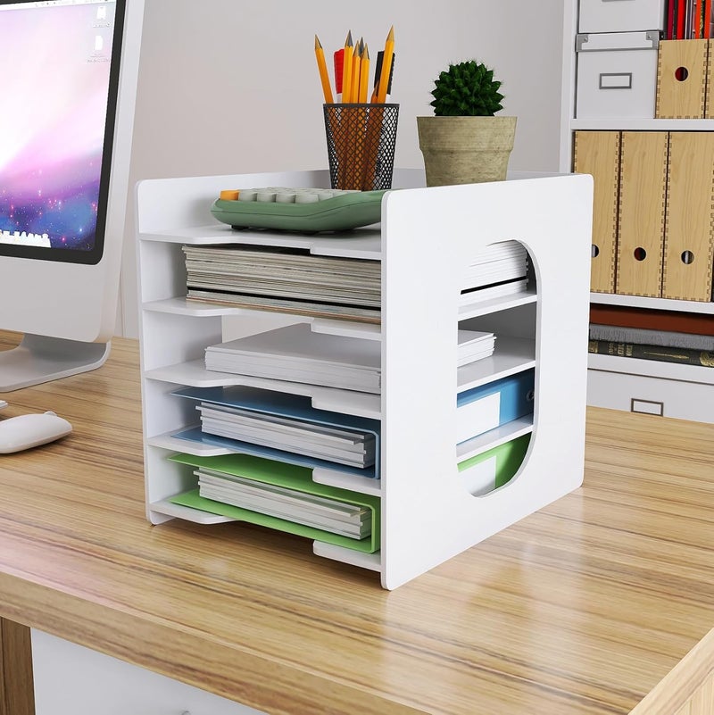 Natwind 5 Tiers Paper Organizer for Desk Desktop White File Holder Office Desk Organizer Mail Letter Tray & Paper Sorter Document Notebooks Storage Rack for Home Office School Classroom - Image 2