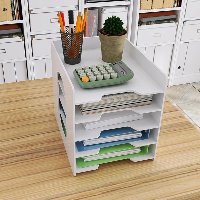 Natwind 5 Tiers Paper Organizer for Desk Desktop White File Holder Office Desk Organizer Mail Letter Tray & Paper Sorter Document Notebooks Storage Rack for Home Office School Classroom - Image 5