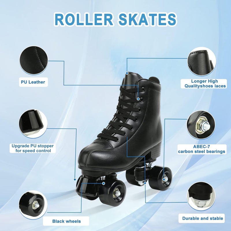 Jessie PU Leather Roller Skates - Adjustable Four-Wheel Skates for Indoor and Outdoor Use (Black Wheel, Women's 8/ Men's 6.5) - Image 2