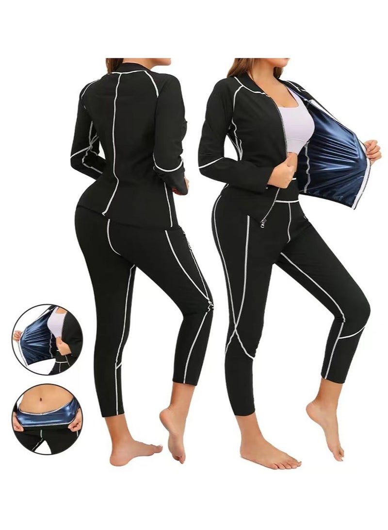 أبوستيم بدلة ساونا لتنحيف الجسم للنساء، طقم ملابس رياضية لتشكيل الجسم، بلوزة بأكمام طويلة وسحاب، وسروال عالي الخصر لتشكيل الجسم، بدلة رياضية حرارية لتنحيف الجسم وتشكيله (أسود) - Image 1