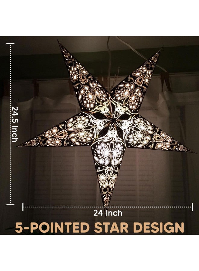 GalaxyArts Paper Star Lanterns, 24 Inch Maharani (Black) Light up Hollow Out 5-Point 3D Star Hanging Decoration for Indoor Outdoor Room Wedding Holiday Birthday Party Christmas Celebration Home Decor - Image 1