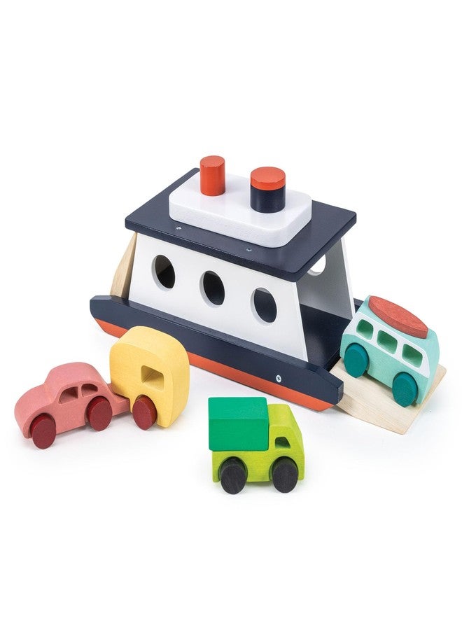 Mentari Store Mentari Toys - Car Ferry - Wooden Boat Set with 4 Vehicles - Includes Car, Caravan, Campervan, and Truck - Interactive Loading & Unloading Toy for Fine Motor Skills, Gift for Toddlers Age 3+ - Image 1