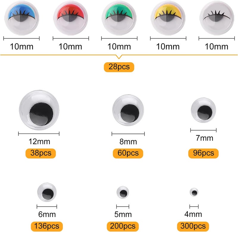 ASTARON 800Pcs 4mm-12mm Googly Eyes Self Adhesive Wiggle Eyes for Art Craft Supplies, Doll Making and Scrapbooking,7 Size - Image 2