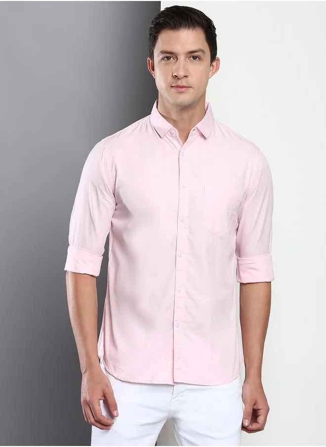 دينيس لينغو Men's Slim Fit Solid Pink Casual Spread Collar Shirt - 100% Cotton