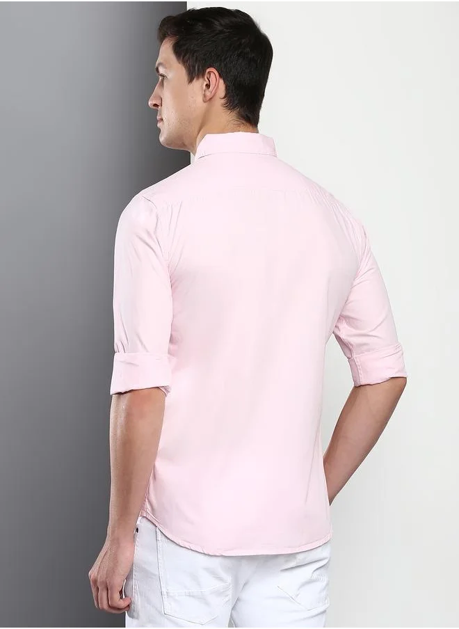 Dennis Lingo Men's Slim Fit Solid Pink Casual Spread Collar Shirt - 100% Cotton