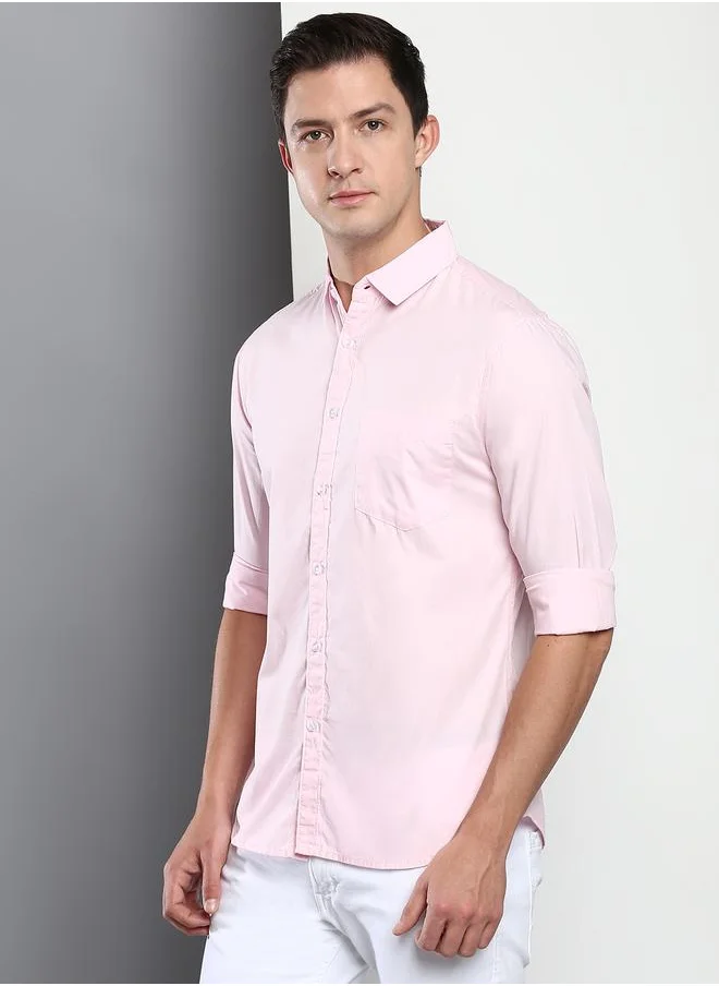 Dennis Lingo Men's Slim Fit Solid Pink Casual Spread Collar Shirt - 100% Cotton