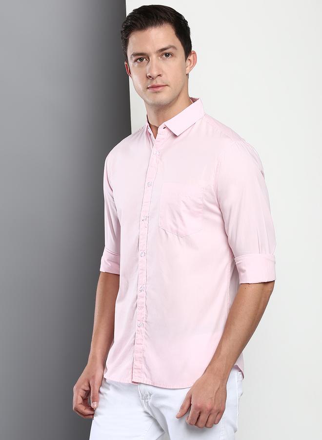Dennis Lingo Men's Slim Fit Solid Pink Casual Spread Collar Shirt - 100% Cotton - Image 2