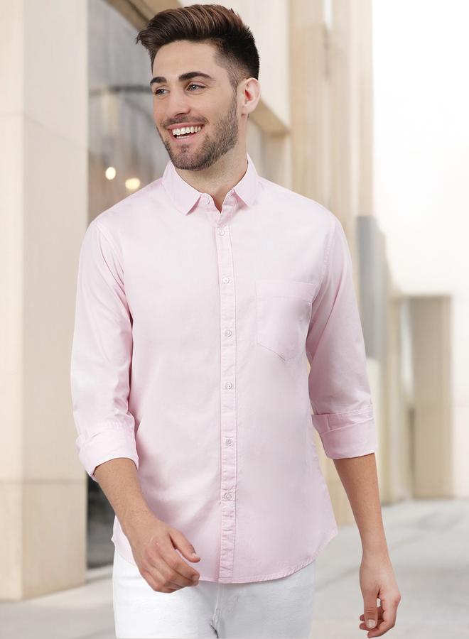 Dennis Lingo Men's Slim Fit Solid Pink Casual Spread Collar Shirt - 100% Cotton - Image 1